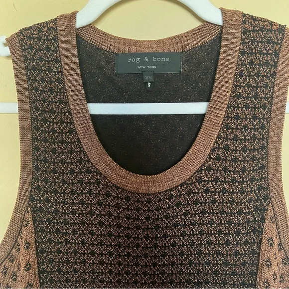 Rag & Bone Metallic Brown Knit Mini Dress l Sleeveless Bodycon Sweater Dress - Picture 3 of 5